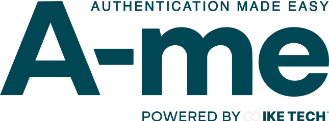 A-me logo with tagline 'Authentication Made Easy' and subtext 'Powered by Mikeitech'.