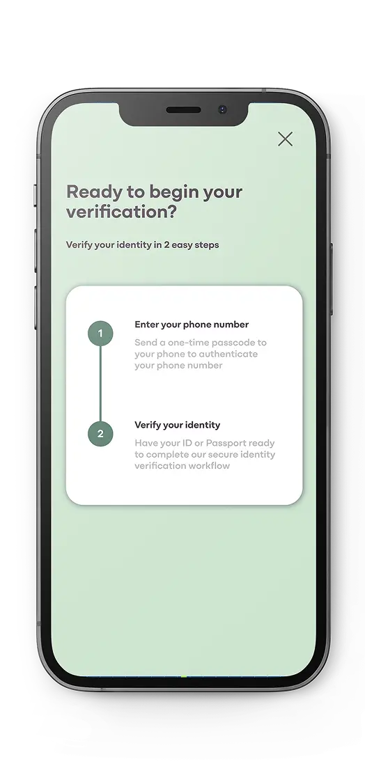 Smartphone screen showing a two-step verification process with instructions to enter phone number and verify identity using ID or passport.