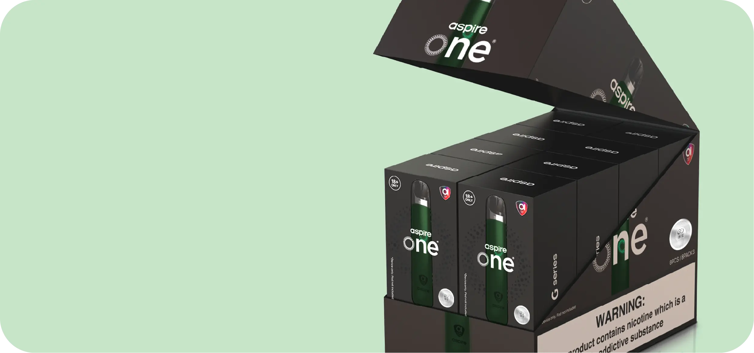 Open black display box with multiple Aspire One vape device packages, each featuring a green device and a nicotine warning.