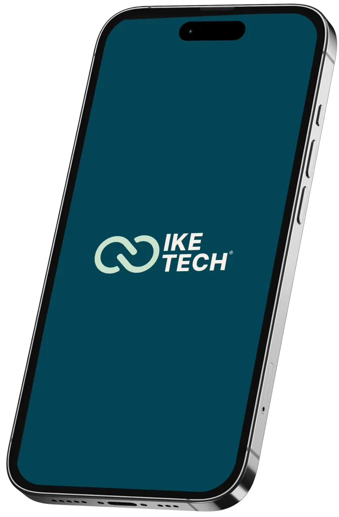 Smartphone displaying the IKE TECH logo on a dark blue screen.