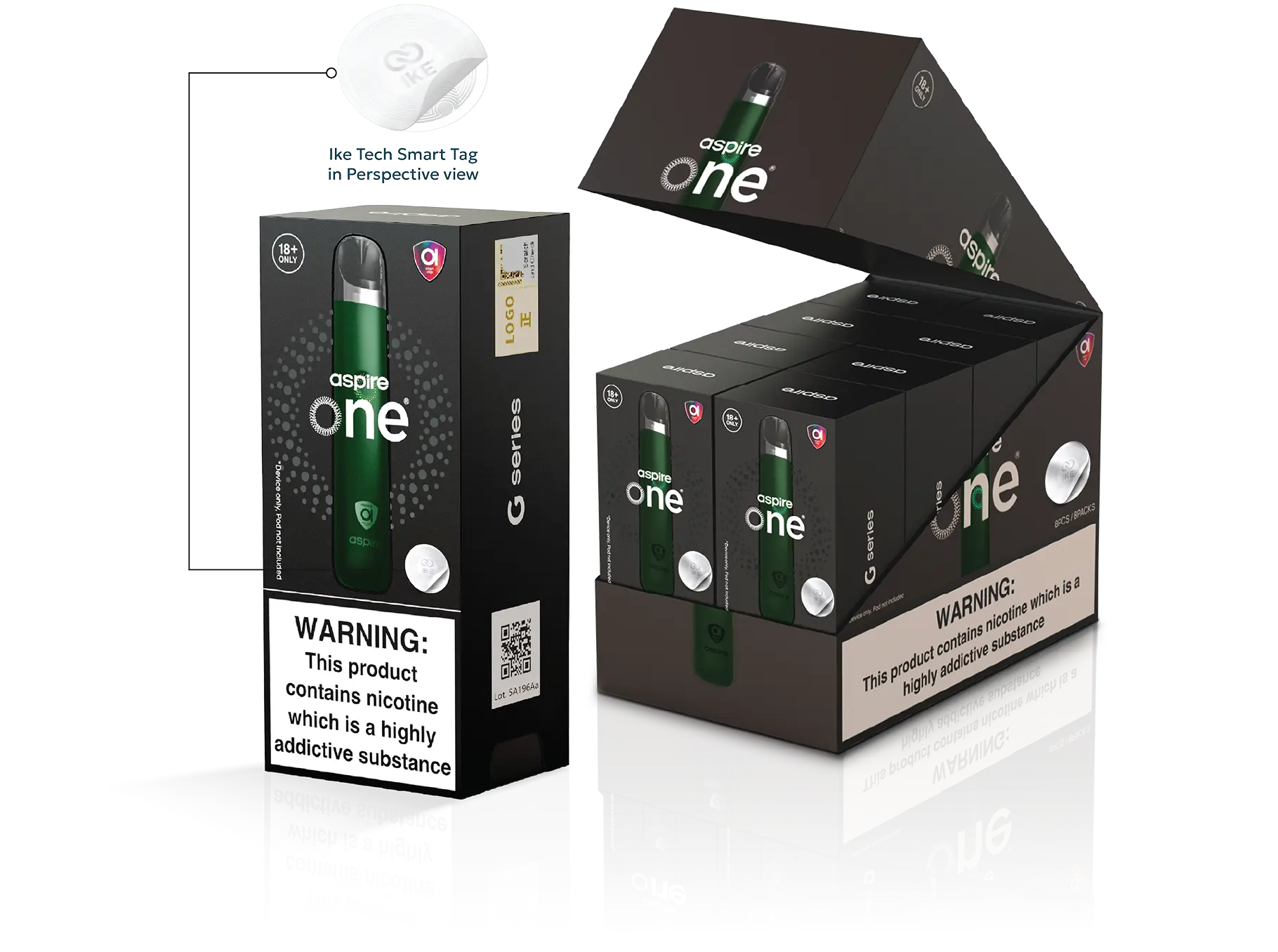 Aspire One G series vape device packaging with nicotine warning and Ike Tech Smart Tag in perspective view.