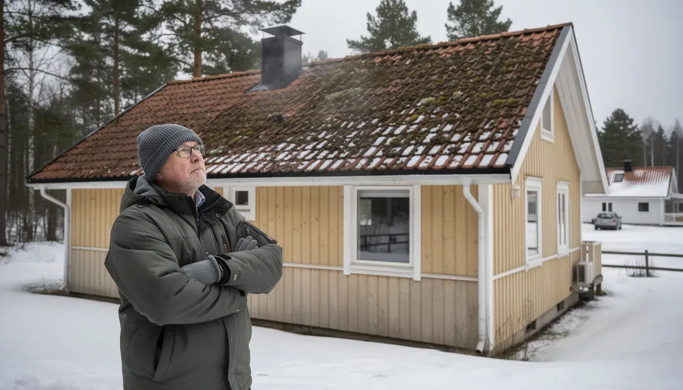 Mies tarkastelee tiilikattoaan ja pohtii, pitäisikö hänen palkata ammattilainen tekemään tiilikaton pesu ja pinnoitus -työhön. Katto sijaitsee Suomessa, ja hän miettii pinnoituksen hintaa ja sen vaikutusta katon käyttöikään.