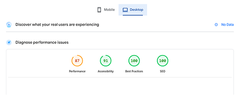Web performance report showing scores: Performance 87, Accessibility 91, Best Practices 100, and SEO 100 for desktop view.