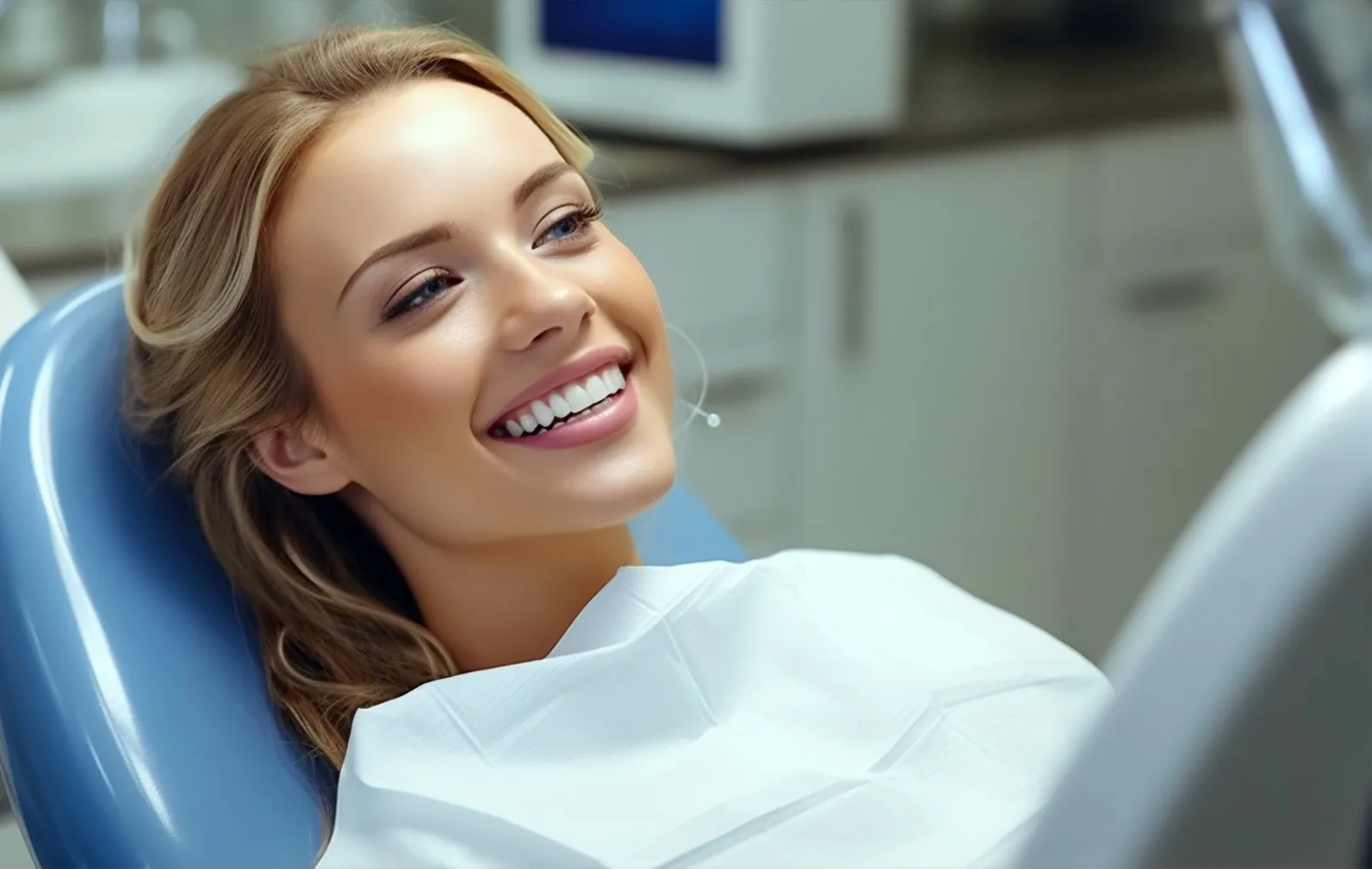 Smiling woman reclining in a dental chair with a dental bib.