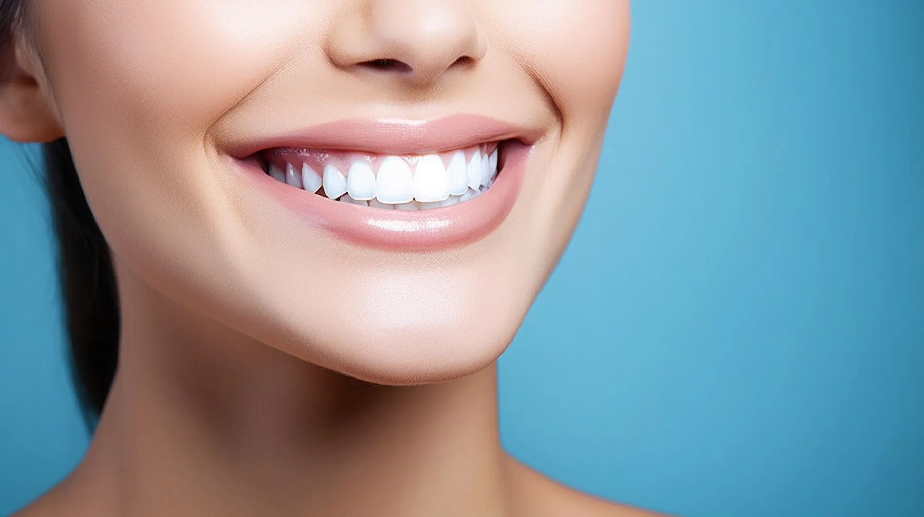 Close-up of a smiling woman showing white teeth against a blue background.