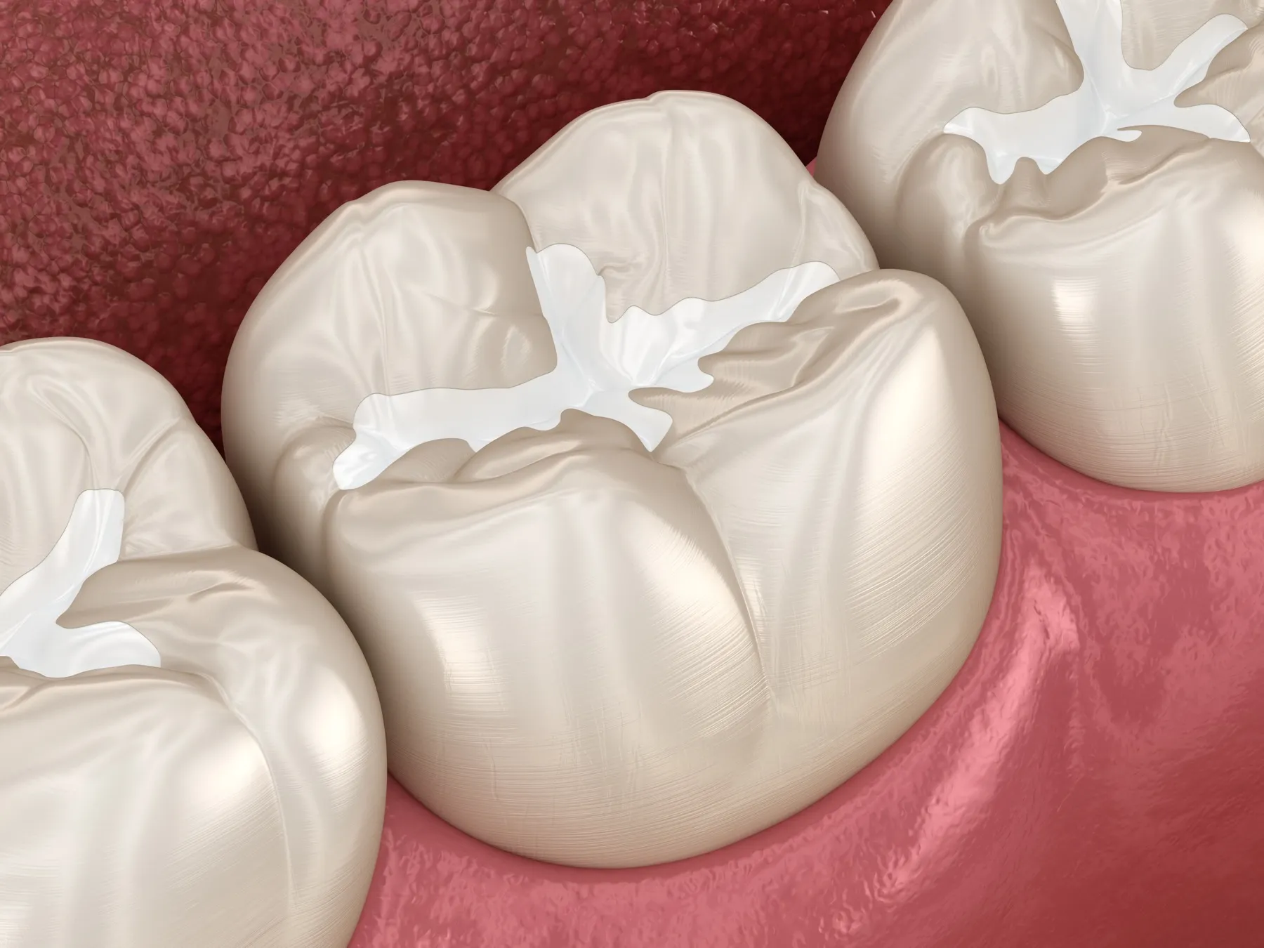Close-up of three molar teeth with white dental sealants filling grooves, surrounded by pink gums.