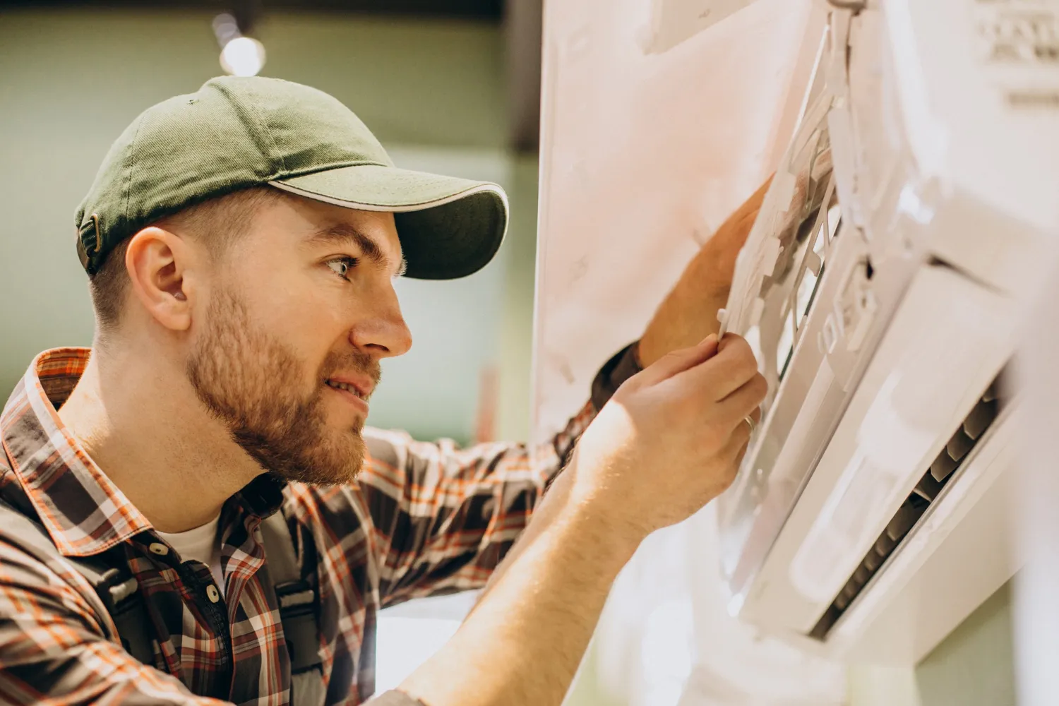 Worker in plaid shirt and cap adjusting industrial equipment or control panel