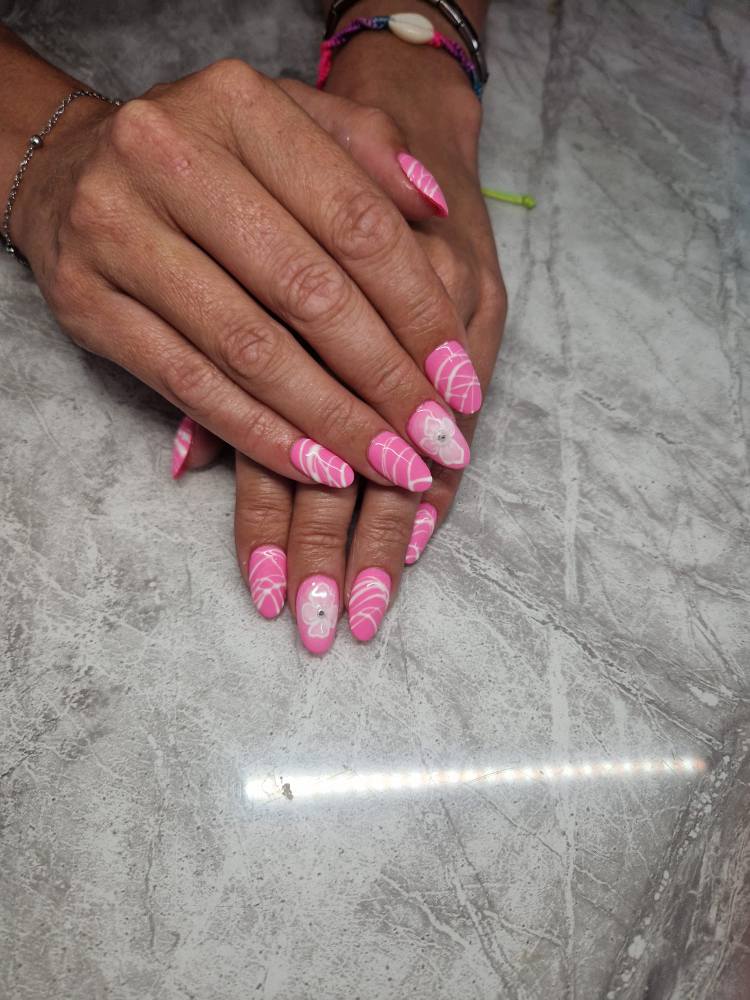 Pink and white acrylic nail extensions Belfast – professional nail design at Hair by Jade salon.
