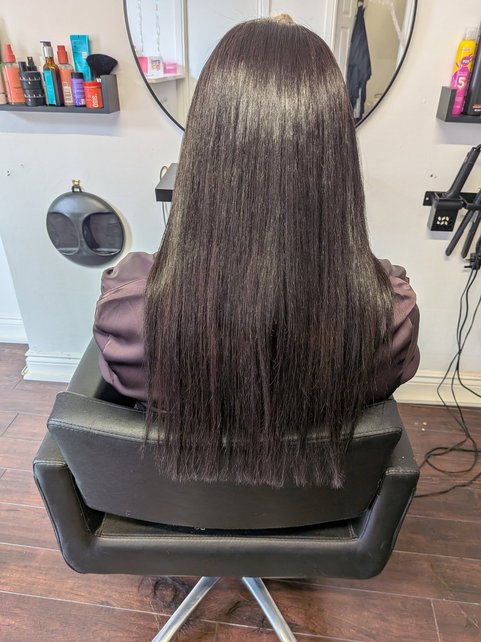 After — sleek straight brunette hair after keratin smoothing treatment, Belfast hairdresser