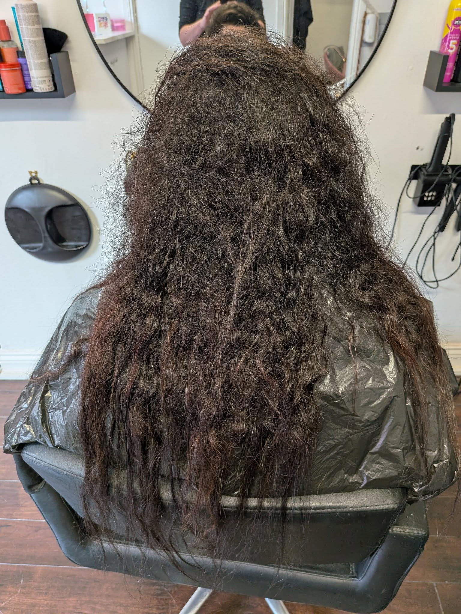 Before — long dark brunette hair frizzy and dry before treatment, Belfast hair salon