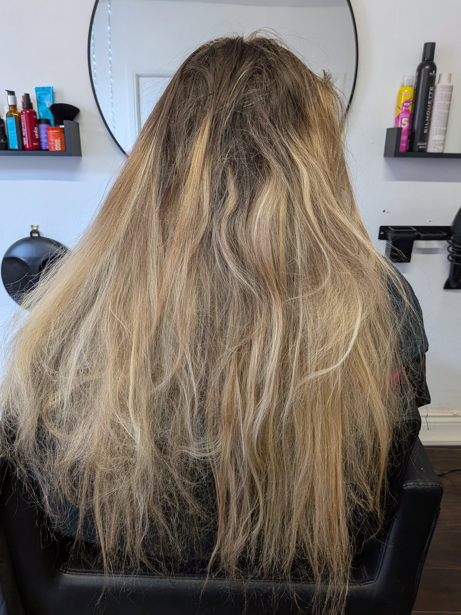 Before — medium-length blonde hair dull and uneven before colour treatment, Belfast stylist