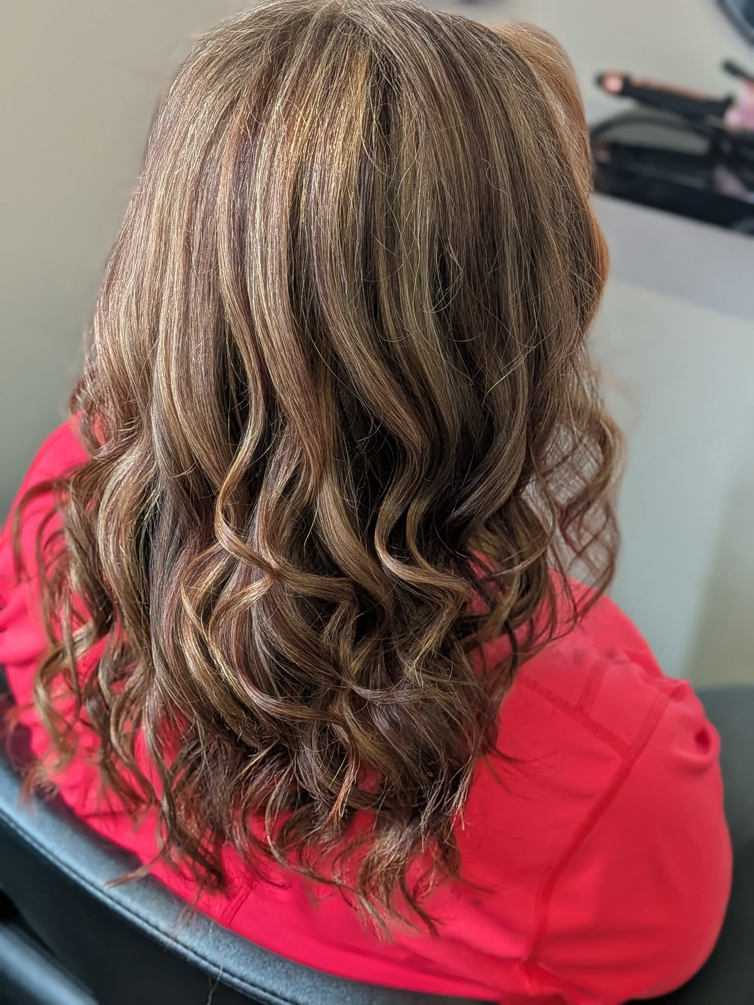 Brown balayage with loose curls Belfast – full colour and styling at Hair by Jade.