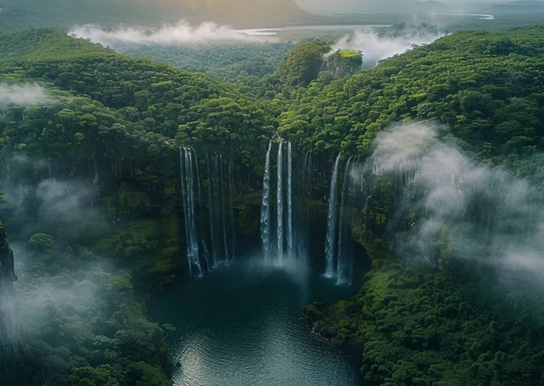 Multiple waterfalls cascading into a large deep pool surrounded by dense green forest and mist.