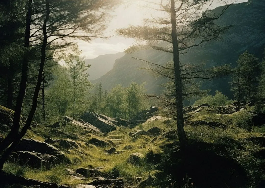 Sunlit forest with rocky terrain and tall trees against a mountainous backdrop.