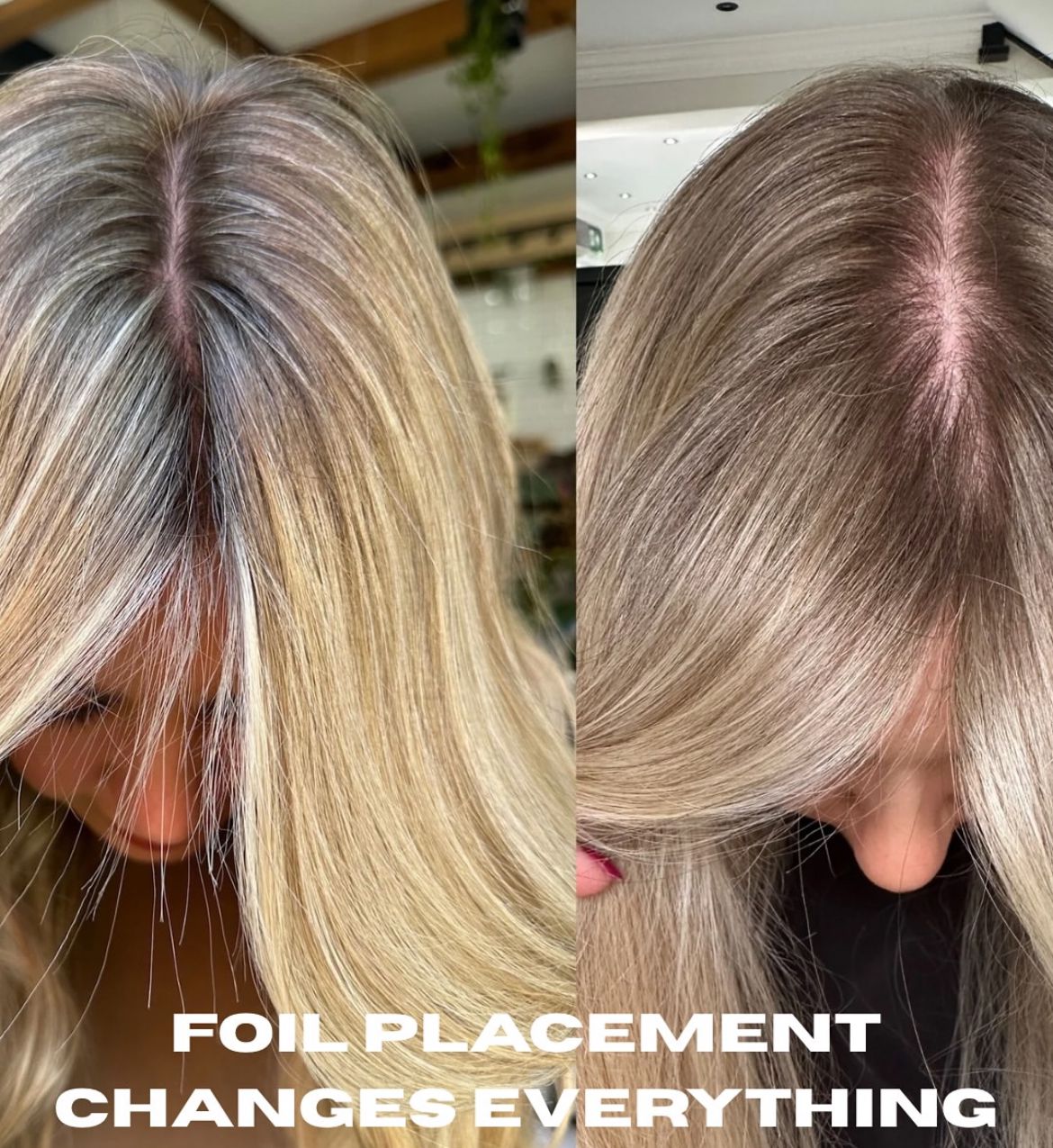 Side-by-side close-up images showing hair partings before and after foil placement highlighting a smoother, more even hair color on the right.