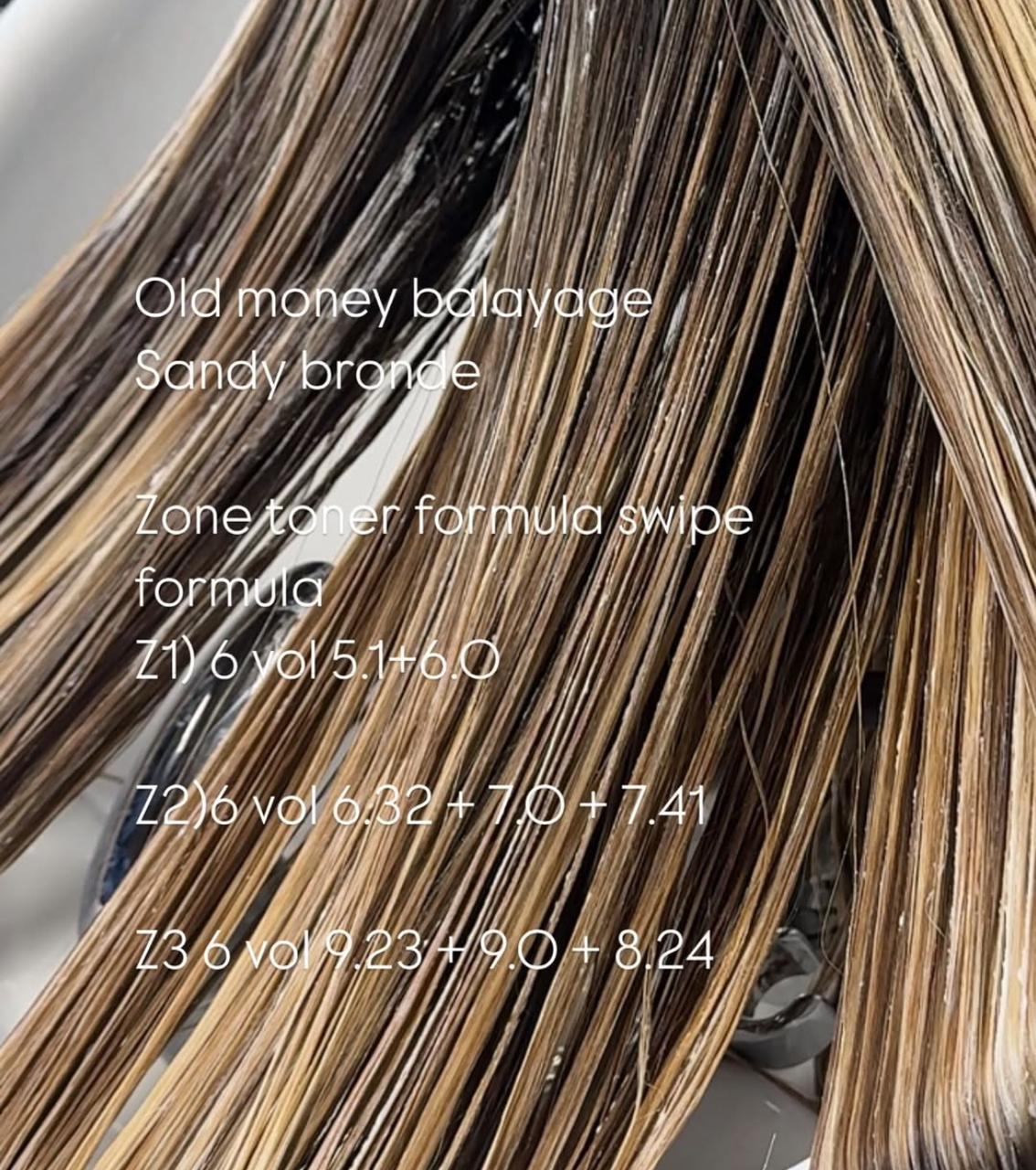 Close-up of hair strands showcasing an old money balayage sandy blonde color with a zone toner formula overlay in white text.