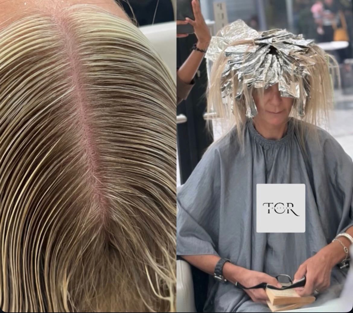 Side-by-side images showing a close-up of blonde hair with freshly applied highlights and a person seated with foil wraps in their hair during a salon highlighting process.