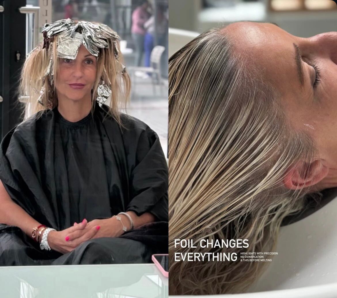 Side-by-side images of a woman with foils in her hair during a salon treatment and the same woman with freshly highlighted blonde hair washing at a salon sink, with text reading 'FOIL CHANGES EVERYTHING'.