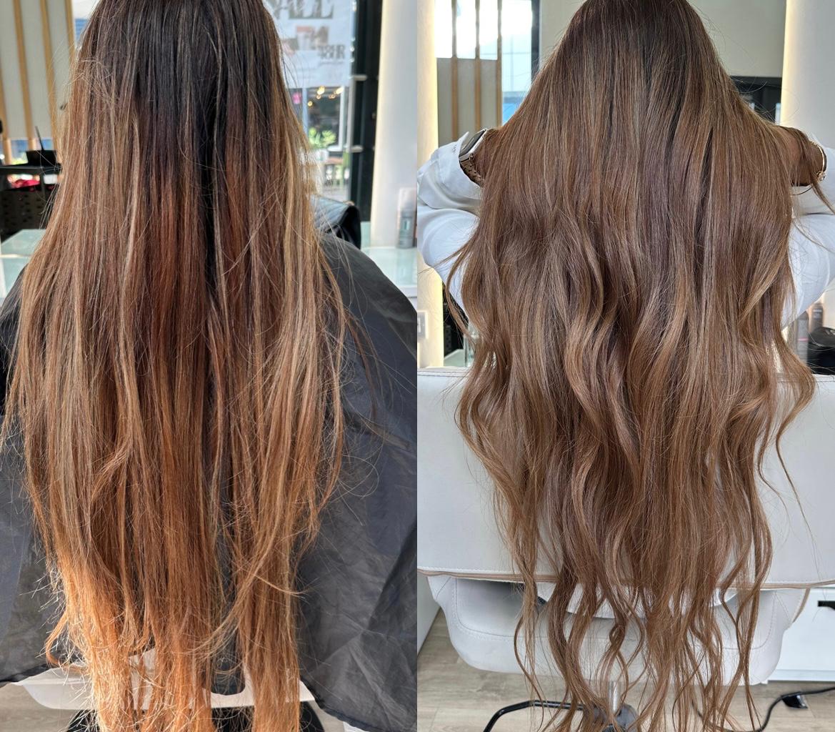 Side-by-side comparison of long hair before and after treatment with the left side showing straight, dry hair and the right side showing smooth, wavy hair with enhanced shine.