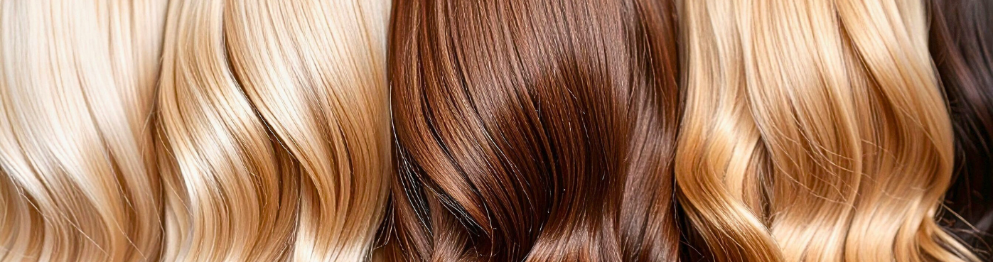 Close-up of wavy hair strands in various shades of blonde and light brown.