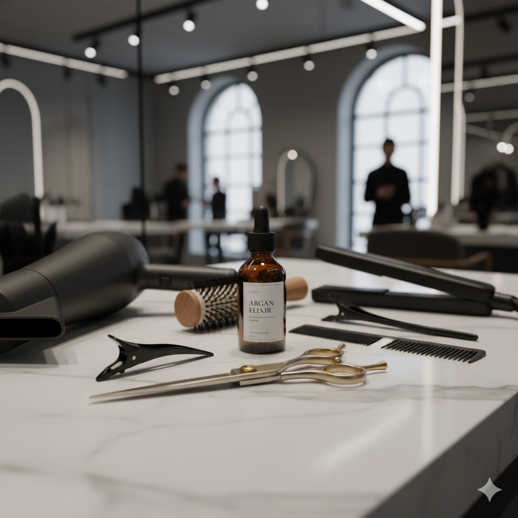 Hair salon workstation with a bottle of argan elixir, scissors, hair clips, combs, hair dryer, round brush, and flat iron on a marble countertop.