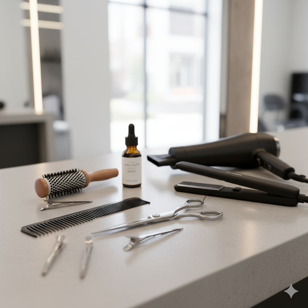 Hair styling tools on a countertop including a round brush, bottle of argan oil, black comb, hair scissors, hair clips, hair dryer, and flat iron.