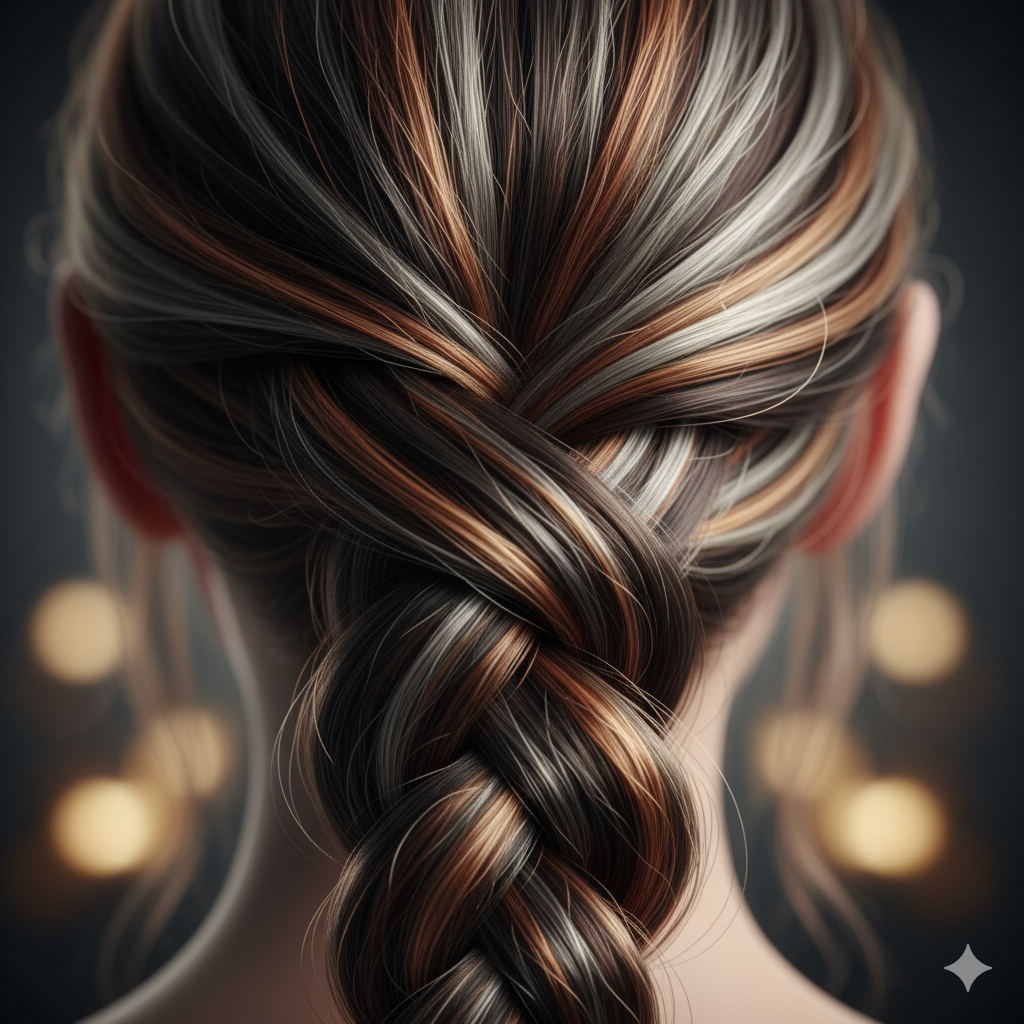Close-up of a woman’s hair styled in a thick braid with black, brown, and silver strands against a blurred dark background with warm lights.