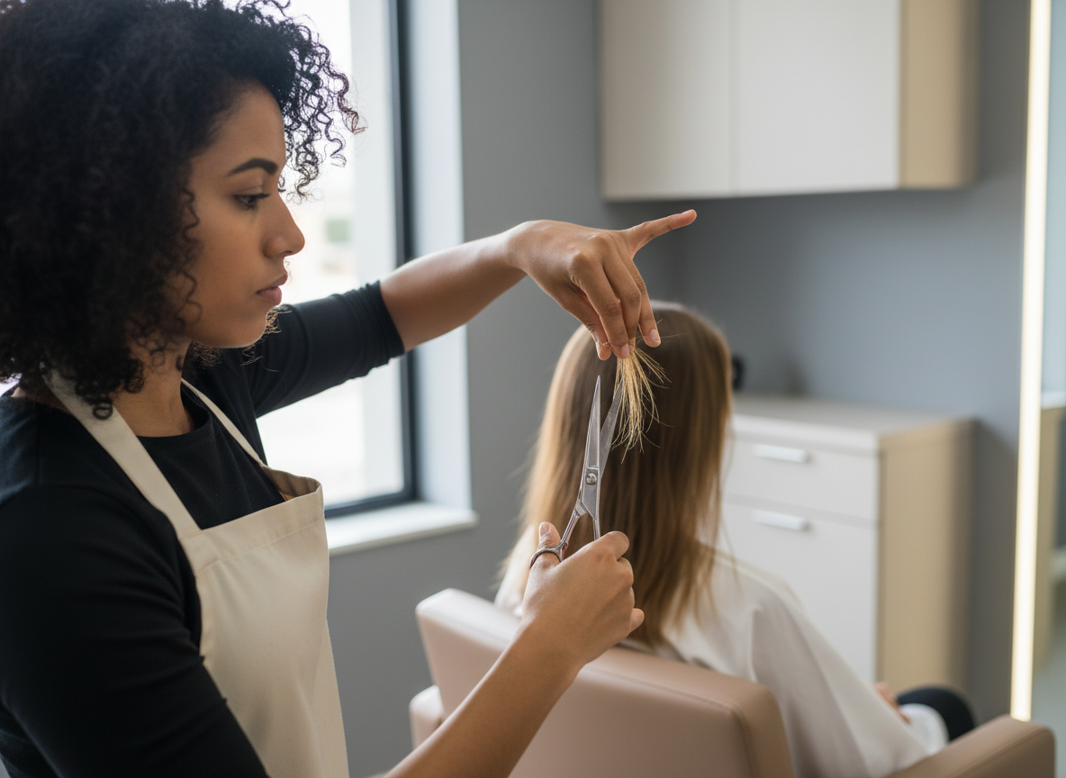 Hairdresser with curly hair wearing an apron cutting blonde hair with scissors in a salon.