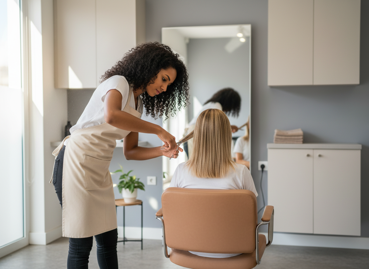 Curly-haired hairstylist cutting the blonde hair of a seated client in a modern salon.