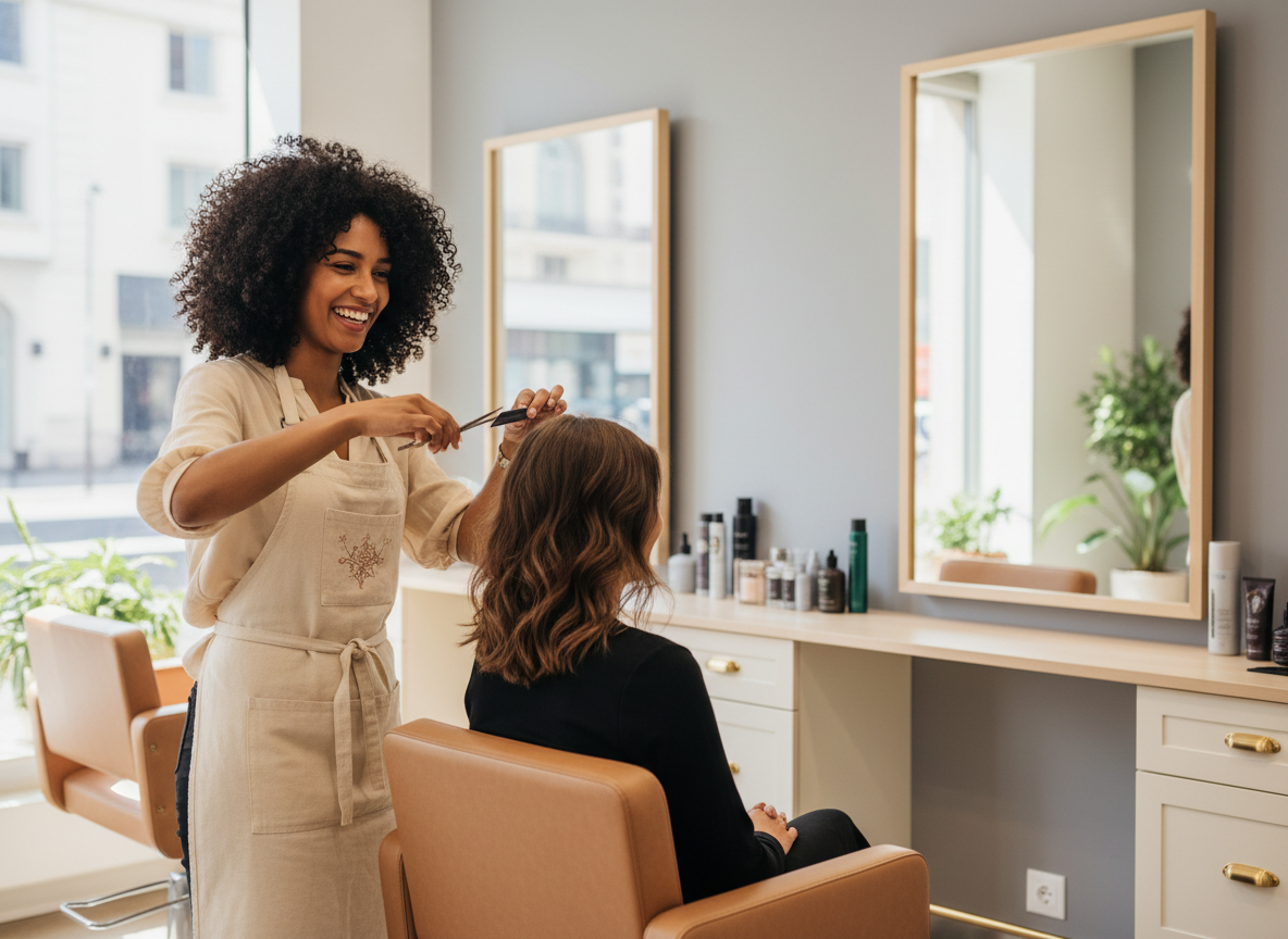 Smiling hairdresser cutting a seated client's brown wavy hair in a bright salon with large mirrors and hair products on the counter.