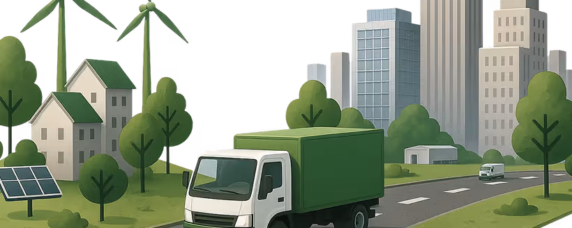 Illustration of a green delivery truck on a road passing by green trees, solar panels, wind turbines, houses, and city buildings in the background.