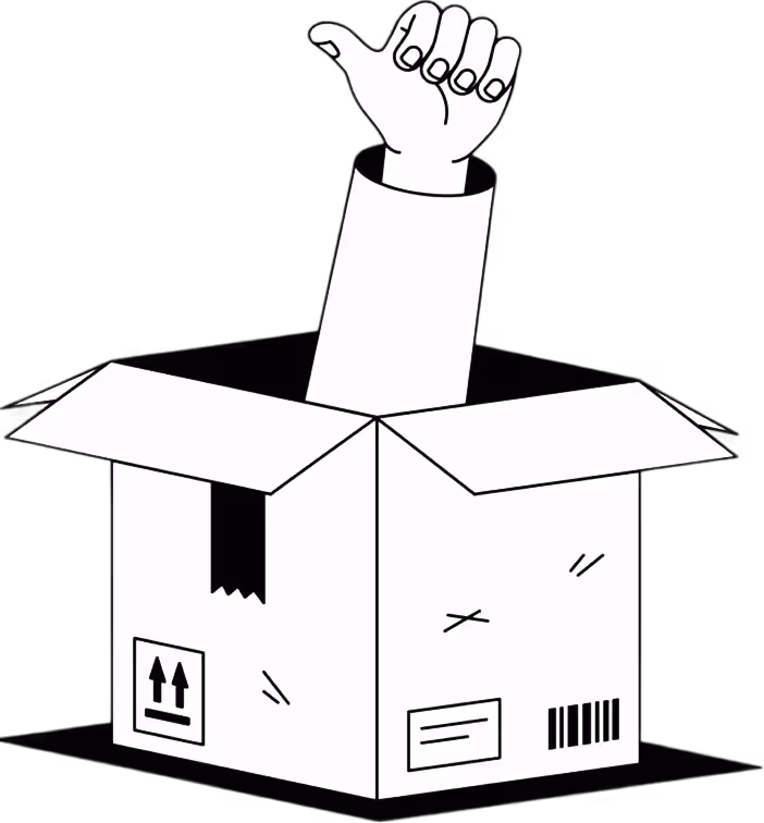 Hand giving thumbs up emerging from an open cardboard box.