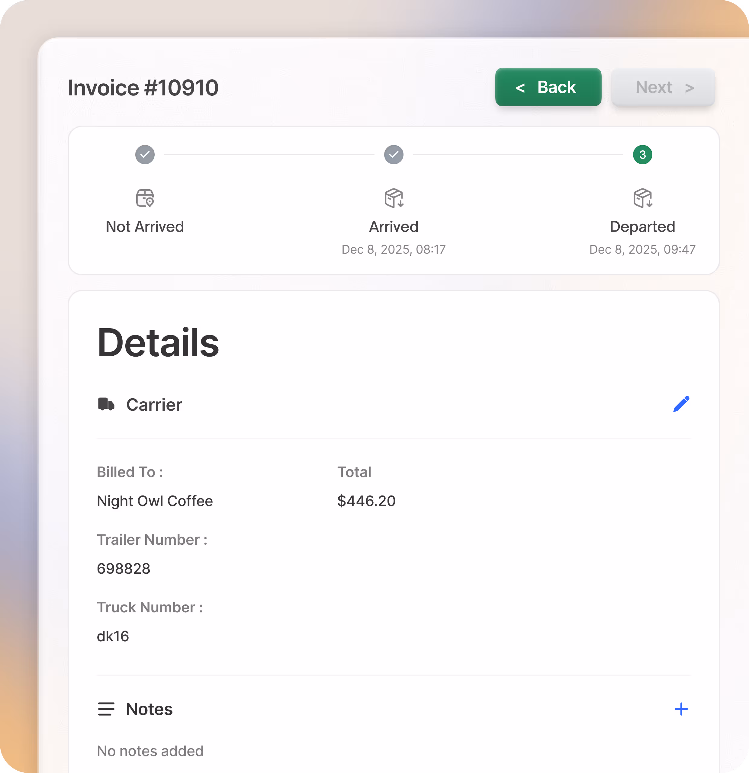 Shipment tracking interface showing a map with a route from Brunswick and a discussion thread with updates from dispatcher J.B. Hunt, system notifications, and carrier rep Daniel K. about shipment #5478.