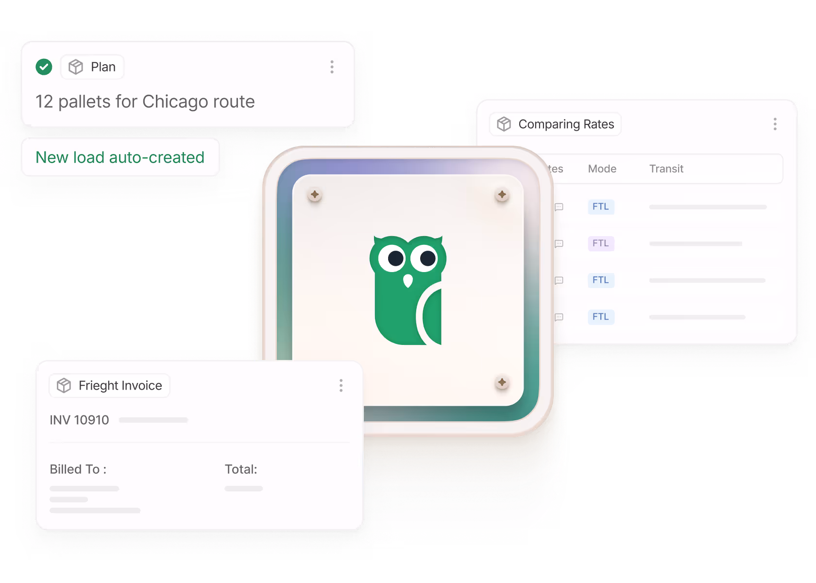 Dashboard interface showing a plan for 12 pallets for Chicago route, a freight invoice summary, and a comparing rates panel with FTL mode labels around a green owl logo.
