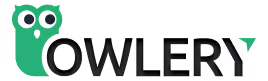 Green owl mascot with large eyes next to the word OWLERY in black text.