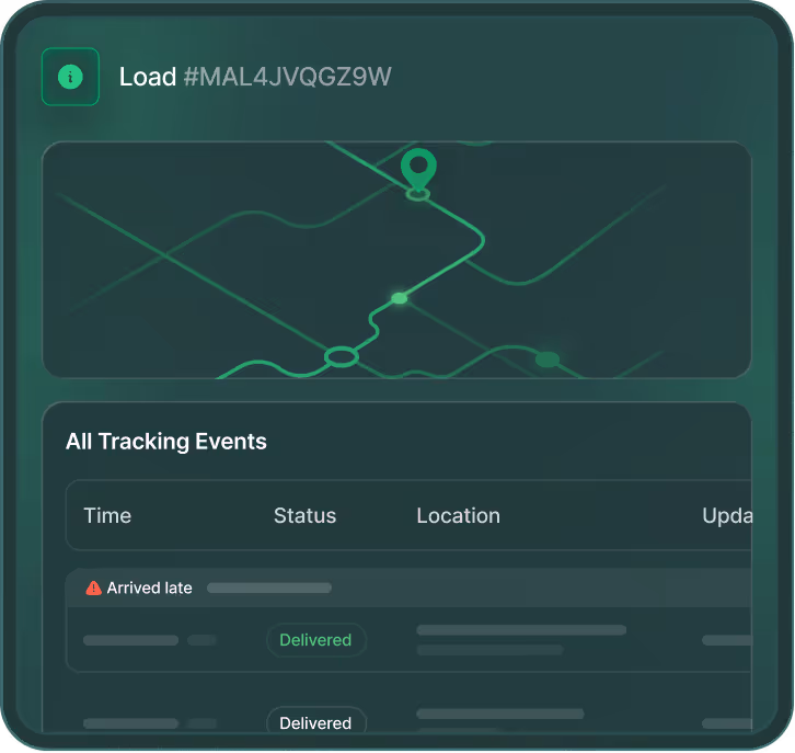 Shipping load tracking interface showing a route map with location markers and a status table listing events including an arrival marked as late and multiple deliveries.