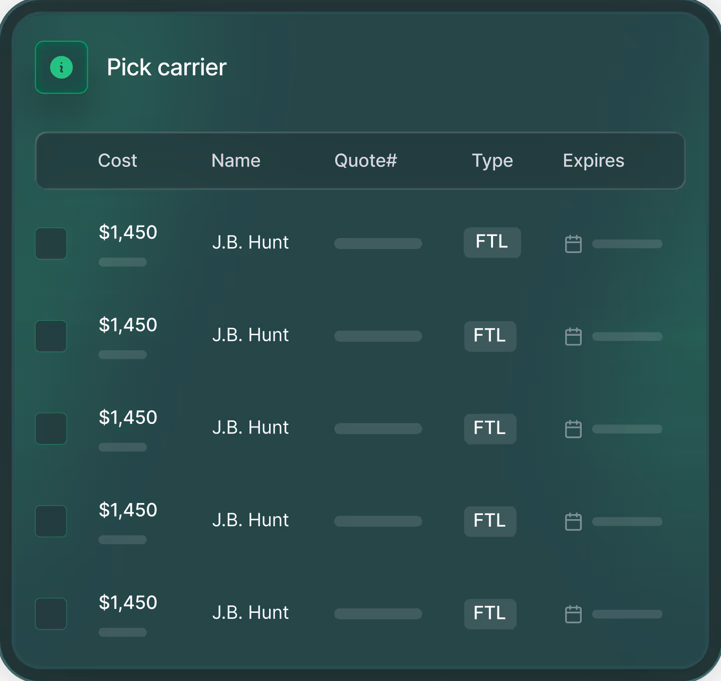 UI table showing five identical shipping carrier options from J.B. Hunt, each costing $1,450, type FTL, with selection checkboxes.