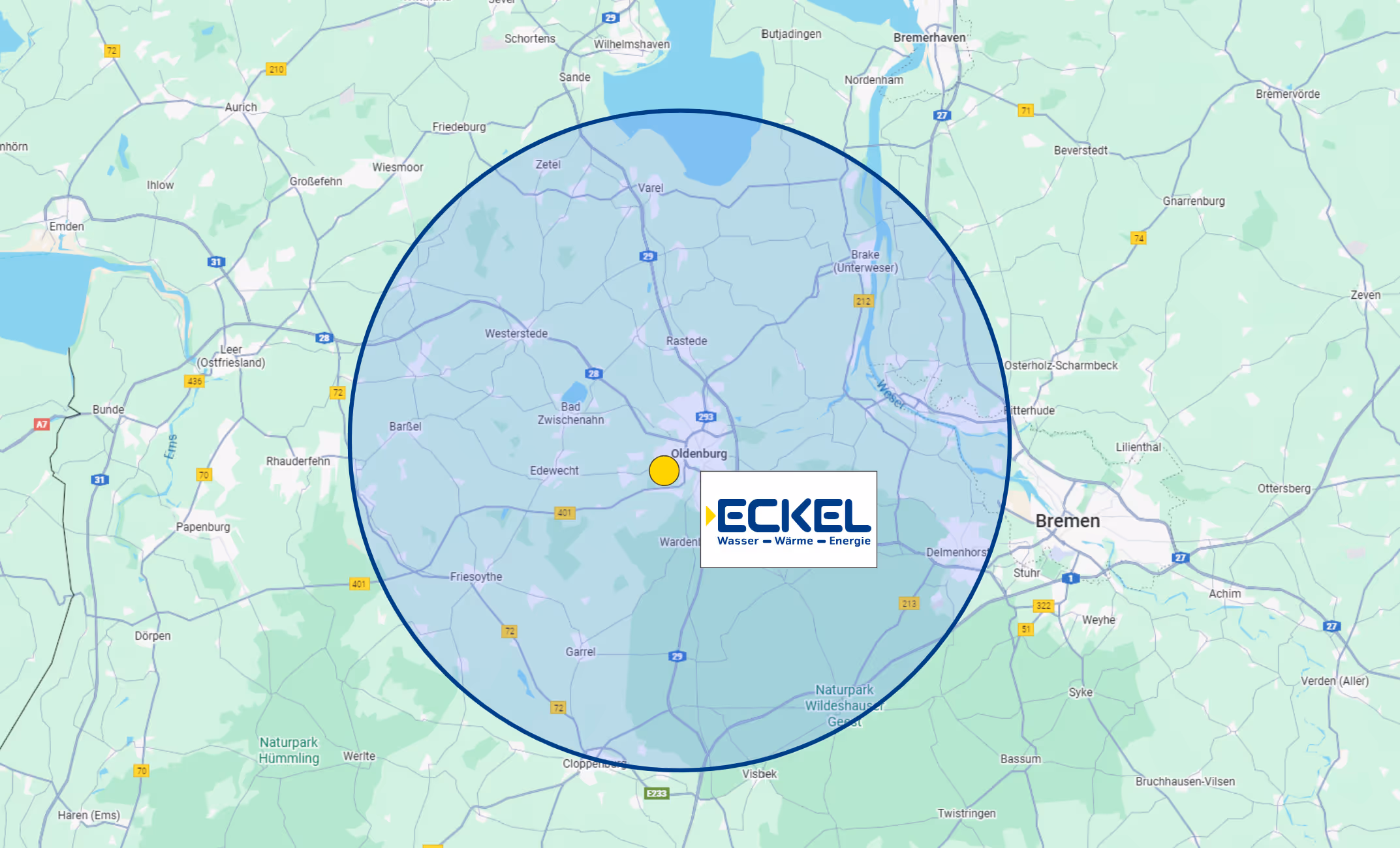 Karte von Oldenburg und Umgebung mit 35 km Radius Abdeckung von Eckel.