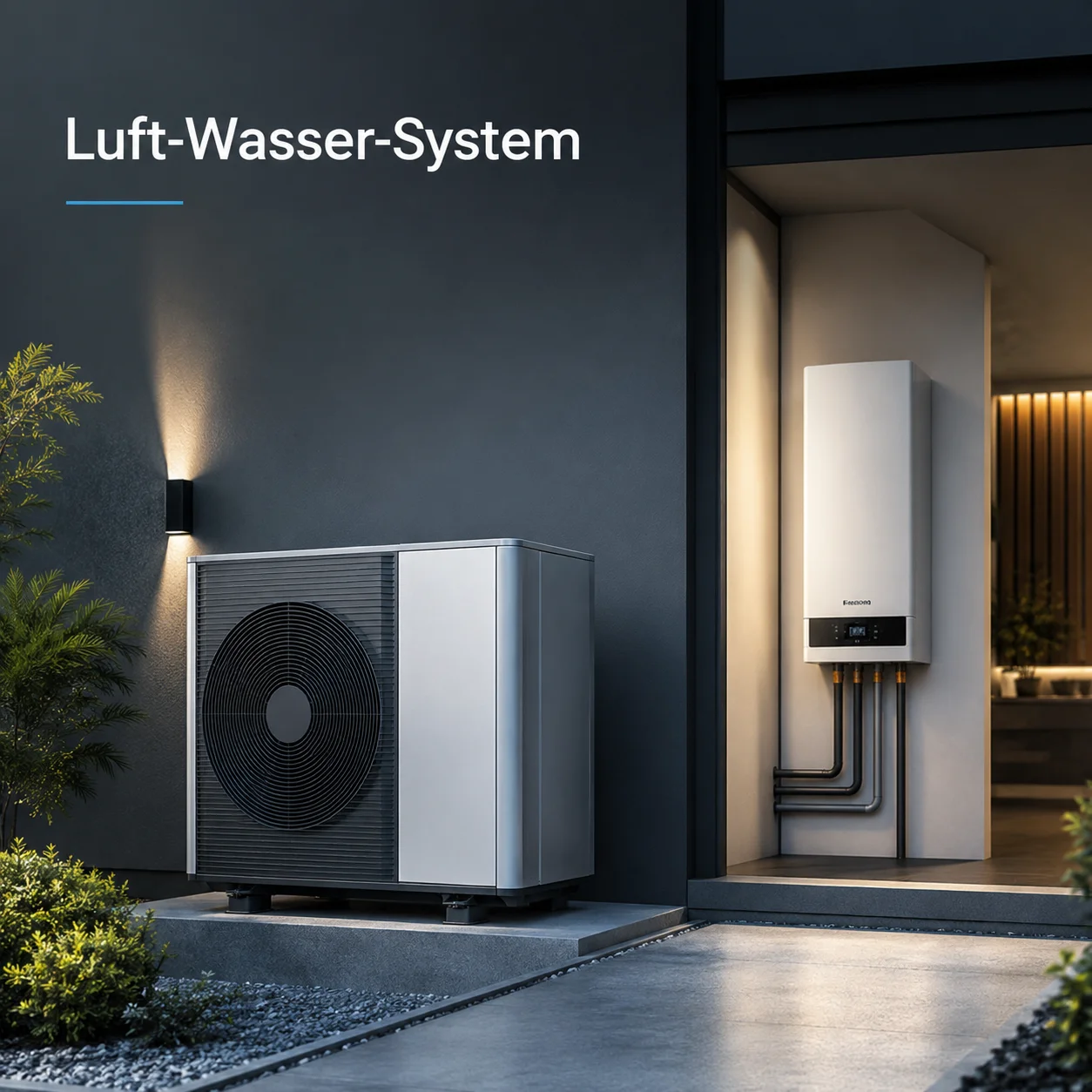 Moderne Luft-Wasser-Wärmepumpe mit Außeneinheit und Inneneinheit an einem modernen Einfamilienhaus.
