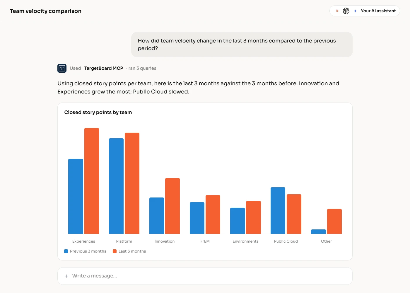 An AI assistant answering a team velocity question using the TargetBoard MCP server