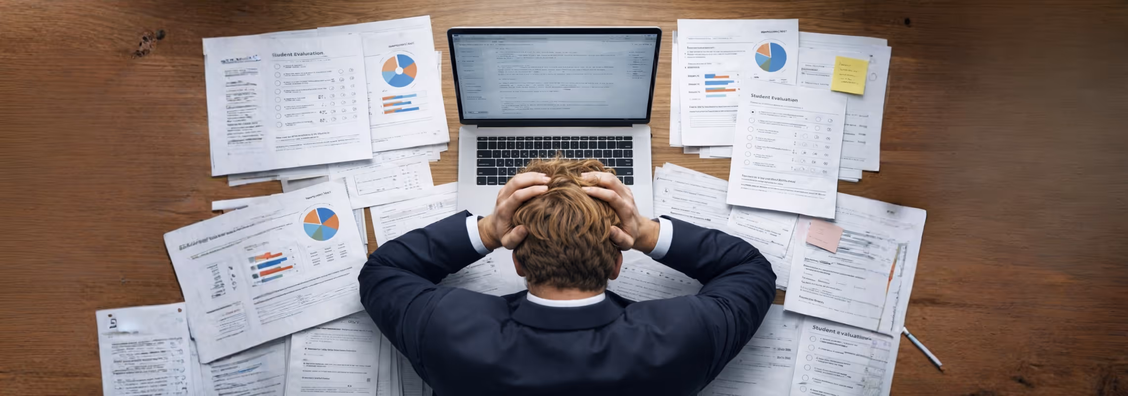 Man met handen in het haar zittend achter een laptop omringd door papieren met grafieken en evaluaties.