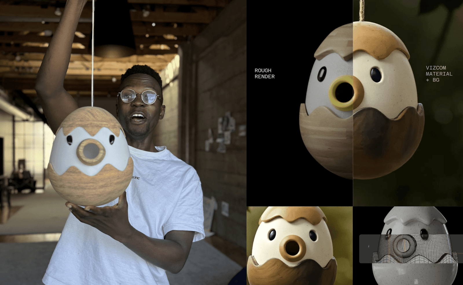 person holding giant egg shaped bird house