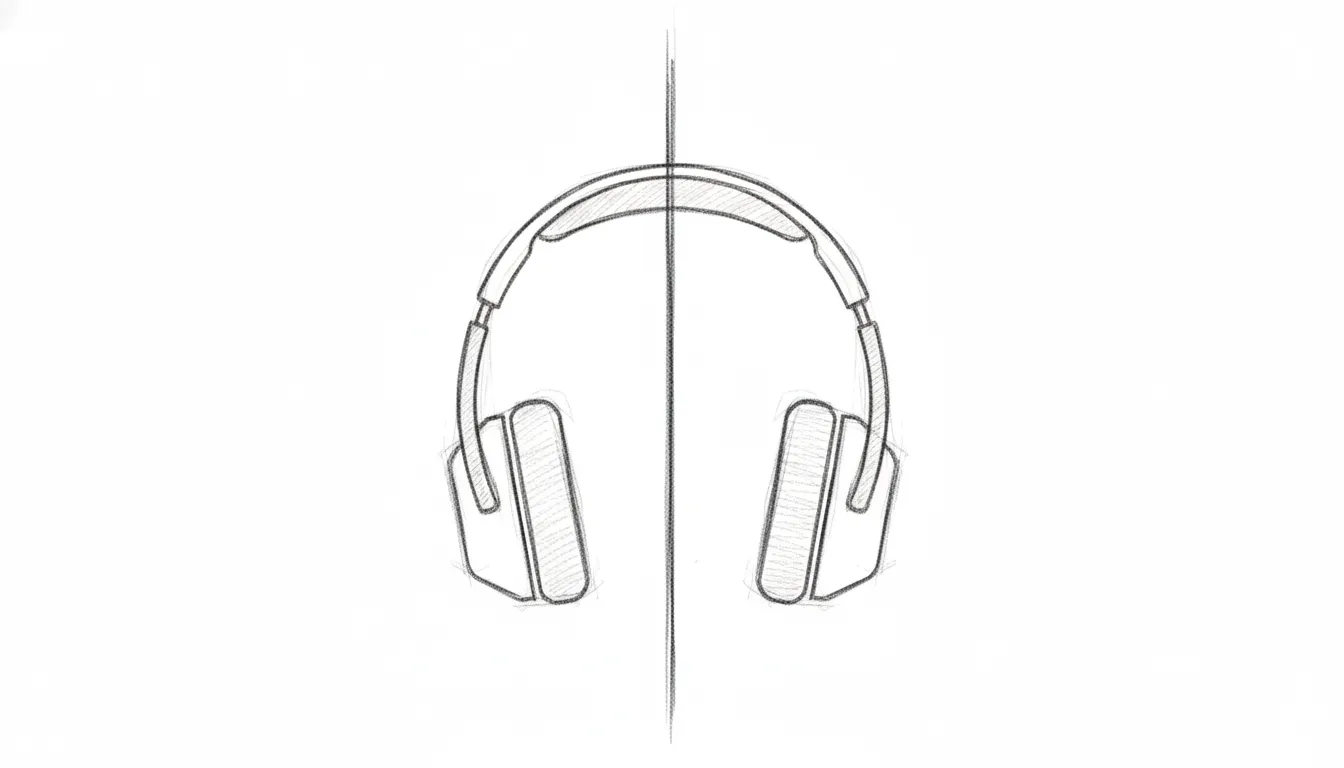 Front-view pencil sketch of over-ear headphones with center symmetry line