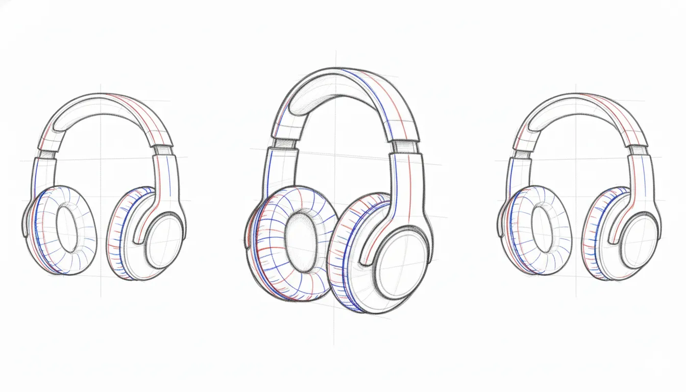Three-angle pencil sketches of over-ear headphones with red and blue surface contour lines
