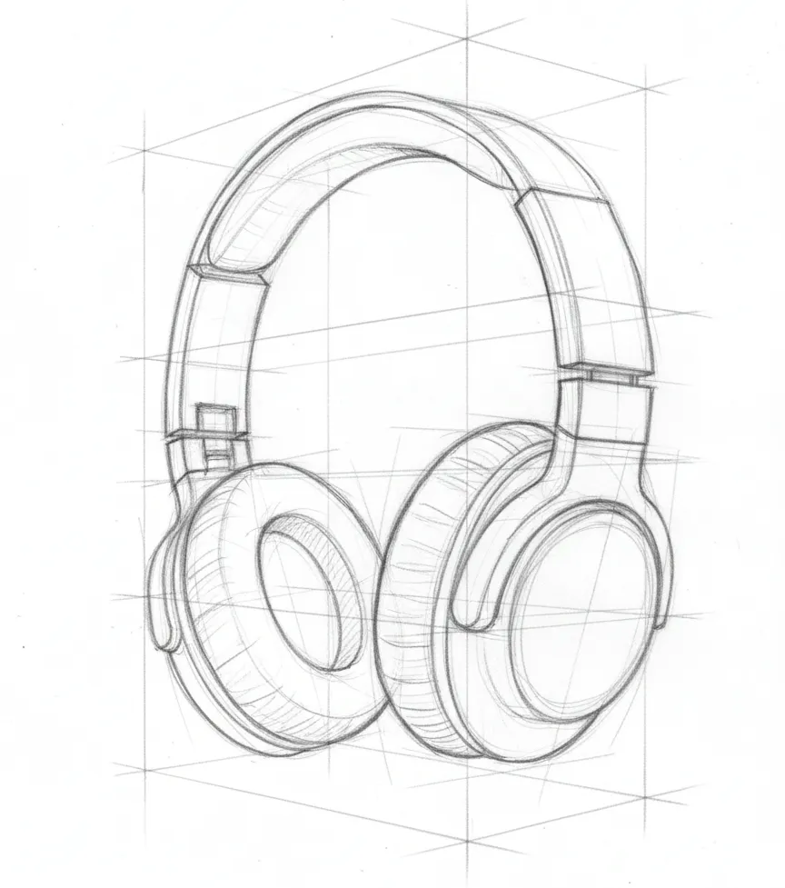 Pencil sketch of over-ear headphones showing form and proportion with construction lines