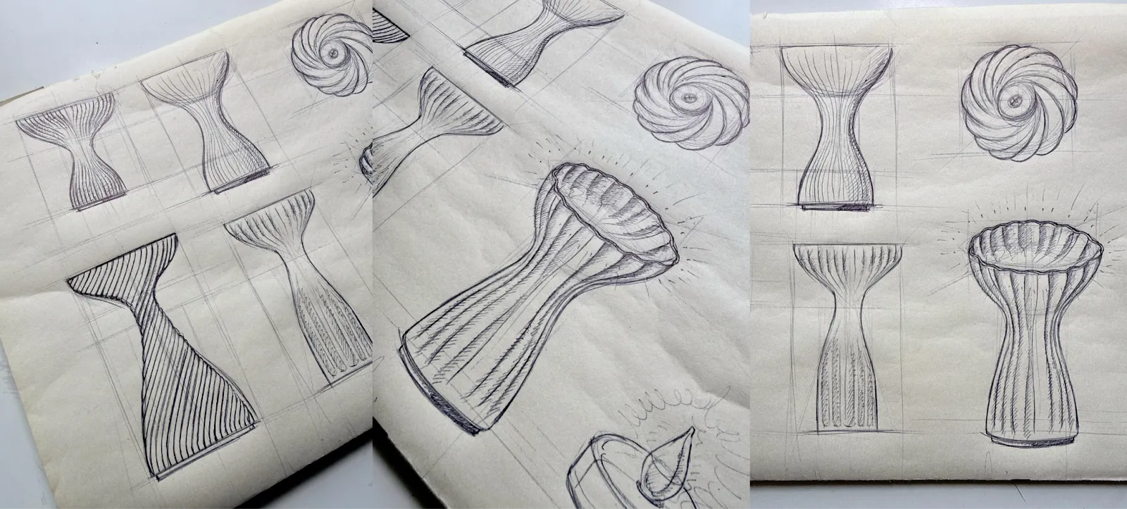 Hand-drawn ballpoint pen sketches on graph paper exploring organic hourglass stool form variations