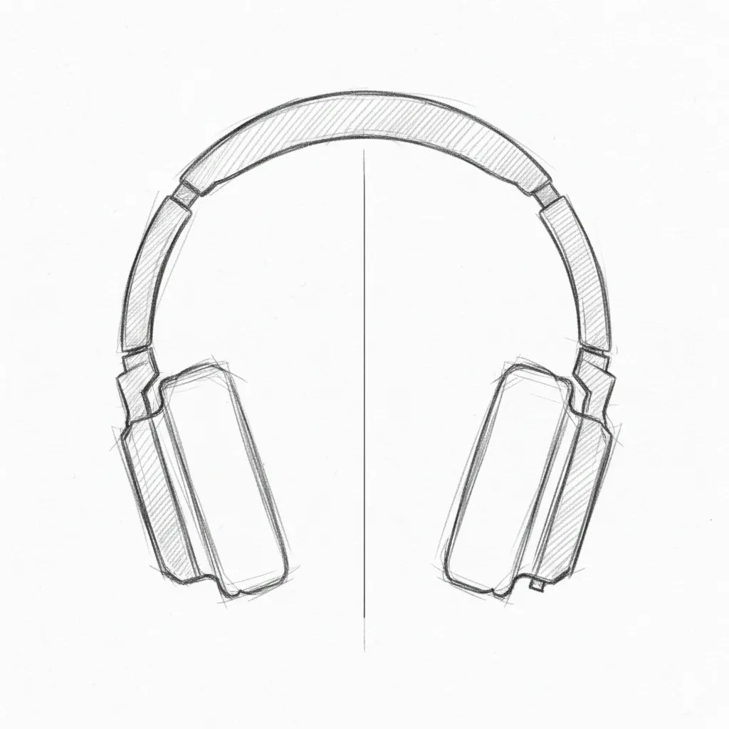 Front-view pencil sketch of angular over-ear headphones with center symmetry line and hatching