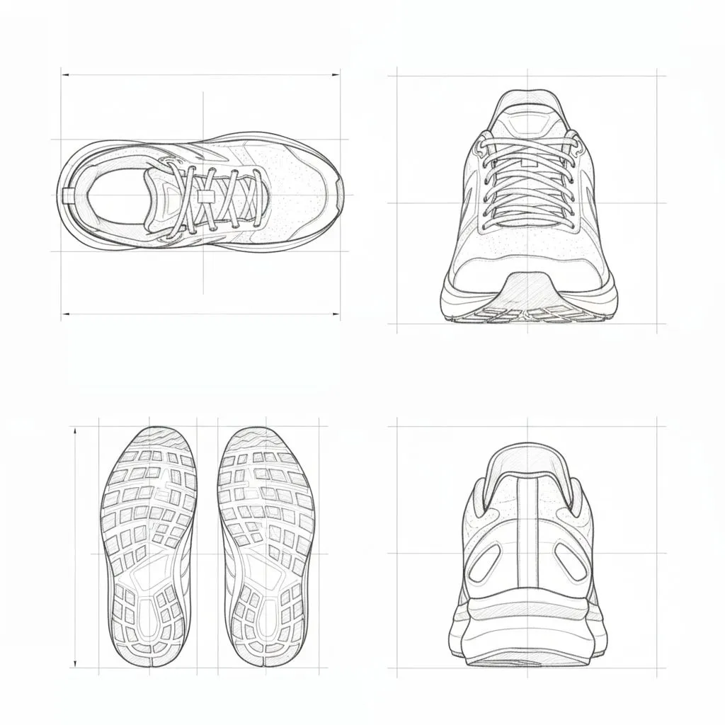 Multi-view orthographic sketches of a running shoe showing top, front, sole, and rear angles on grid