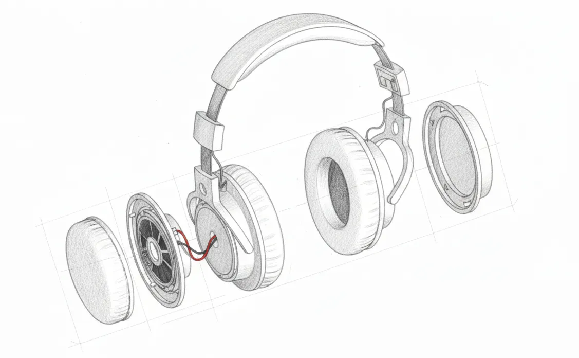 Exploded view pencil sketch of over-ear headphones showing driver, ear cup, cushion, and housing components