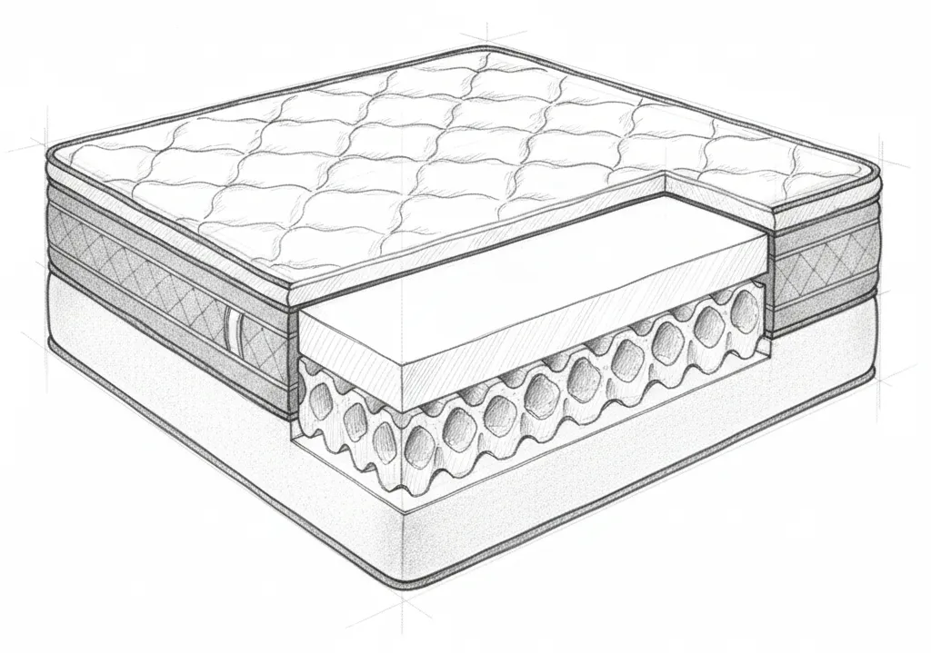 Cutaway pencil sketch of a pillow-top mattress showing foam, coil spring, and fabric layer construction